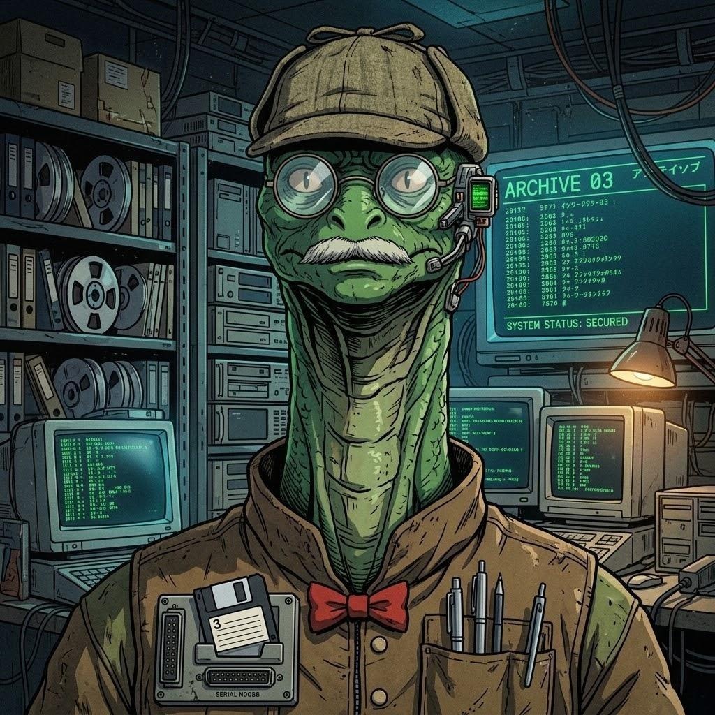 Echsen-Archivar mit Deerstalker-Mütze vor alten Computern